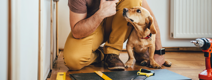 Man with dog while working on project